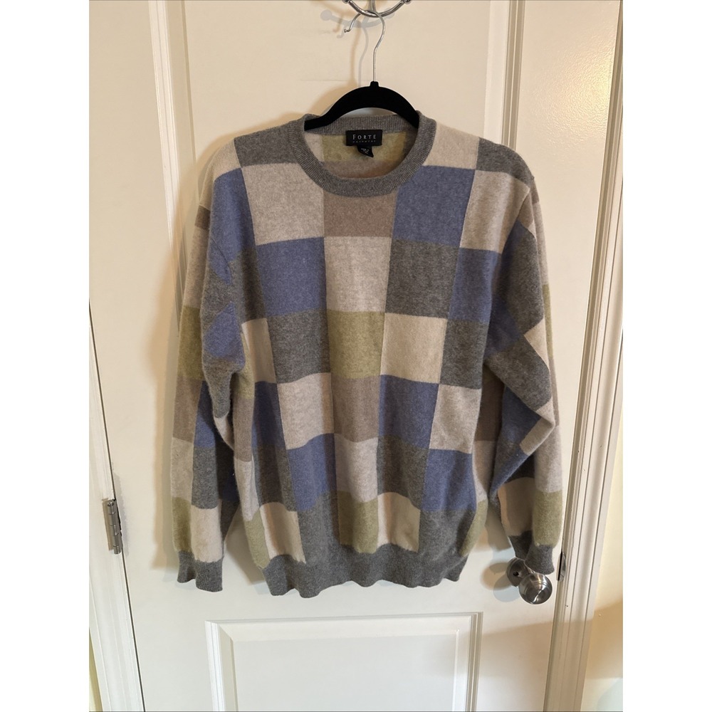 Forte Cashmere Colorblock Patchwork Sweater Mens Sz XL Crew Neck Vintage 90's